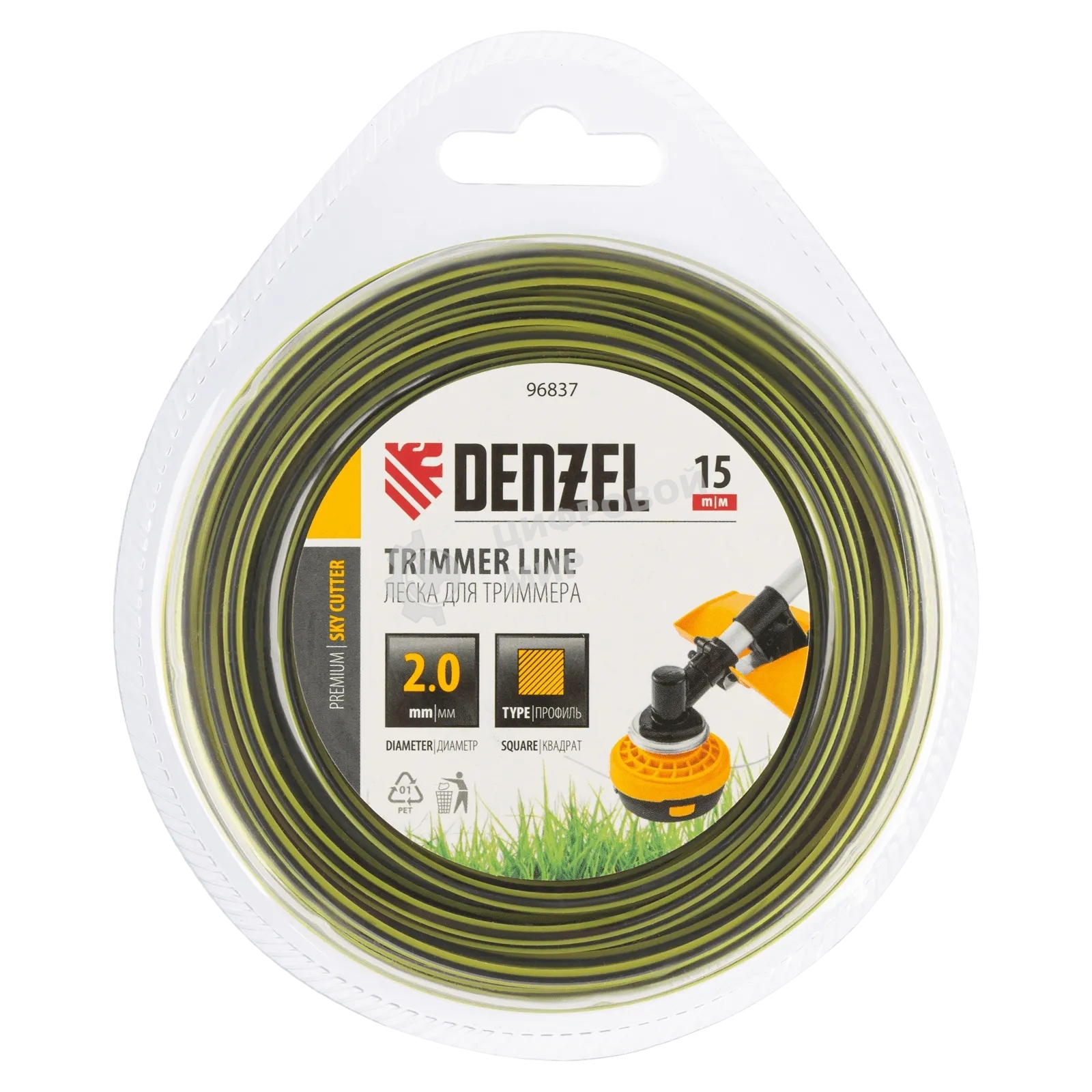 Леска для триммера Denzel двухкомпонентная квадратная, 2,0 мм х 15 м, блистер SkyCutter