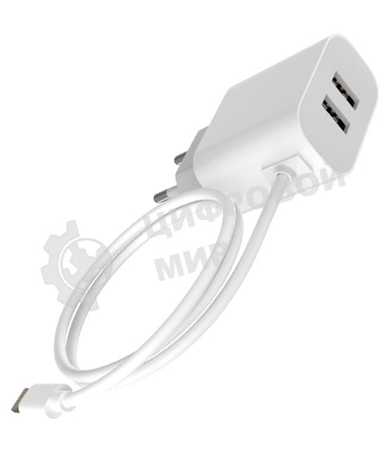 Сетевое зарядное устройство Maxvi CHL-242L 2хUSB 2.4A + литой кабель Lightning 1.2м, белый