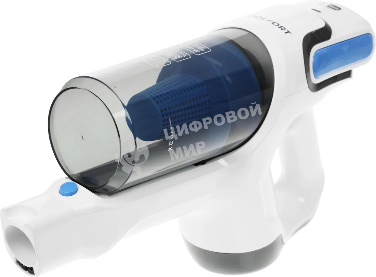 Пылесос вертикальный Coolfort CF-3006 белый/голубой, питание от аккумулятора, 130 вт, уборка сухая, пылесборник 0.5 л, работа от АКБ max 30 мин.