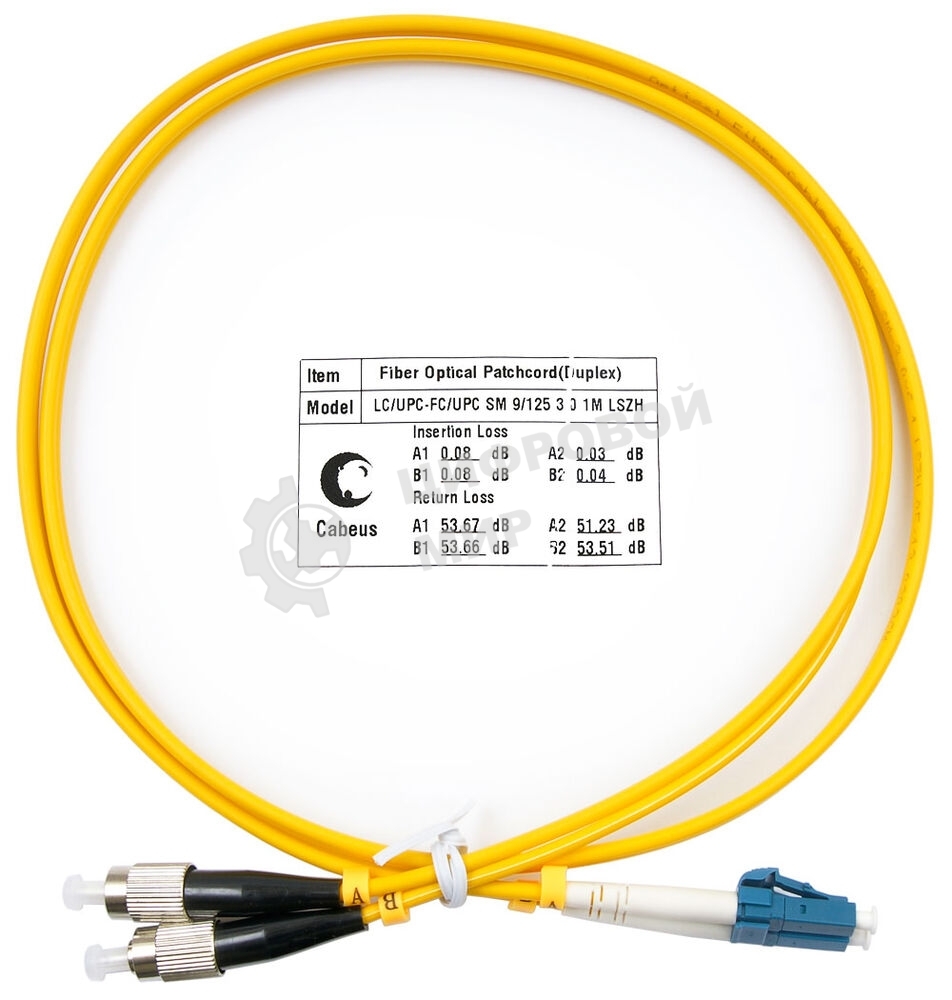Патч-корд оптический Cabeus Tight Buffer, Duplex LC/FC, OS2 9/125, LSZH, 1м, Ø 3мм, чёрный хвостовик, жёлтый