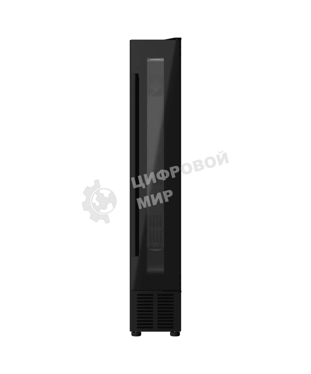 Винный шкаф Kuppersberg RBW 15, встраиваемый, High-Tech, ВхШхГ 87х15х52.5 см, объем 20 л, вместимость 7 бутылок, диапазон температуры 5-20 градусов, механическое открытие двери, LED дисплей, уровень шума 39 дБ, черный