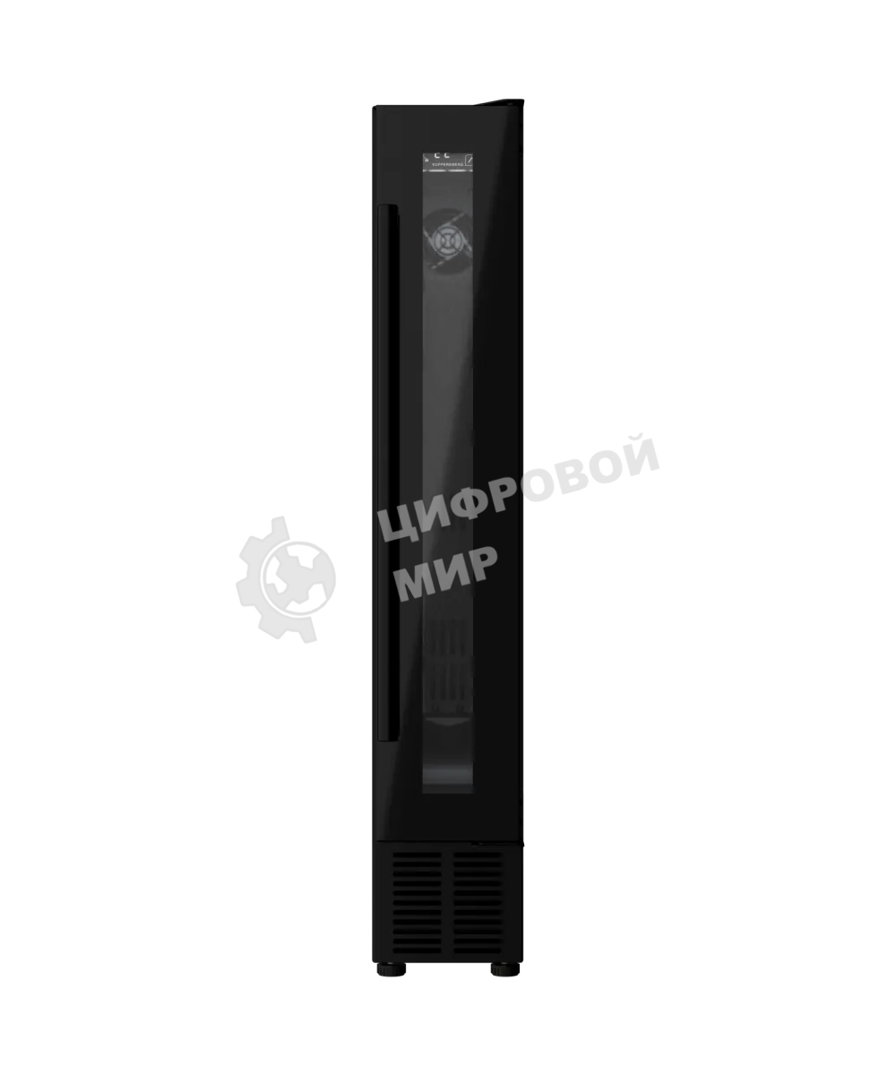 Винный шкаф Kuppersberg RBW 15, встраиваемый, High-Tech, ВхШхГ 87х15х52.5 см, объем 20 л, вместимость 7 бутылок, диапазон температуры 5-20 градусов, механическое открытие двери, LED дисплей, уровень шума 39 дБ, черный