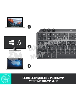 Клавиатура беспроводная Logitech MX Keys Mini (920-010501), USB, Bluetooth/Радиоканал, темно-серый/черный