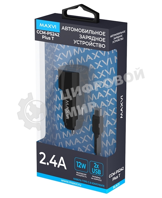 Автомобильное зарядное устройство Maxvi CCM-PS242 Plus T 2хUSB 2.4А + кабель Type-C 1м, черный