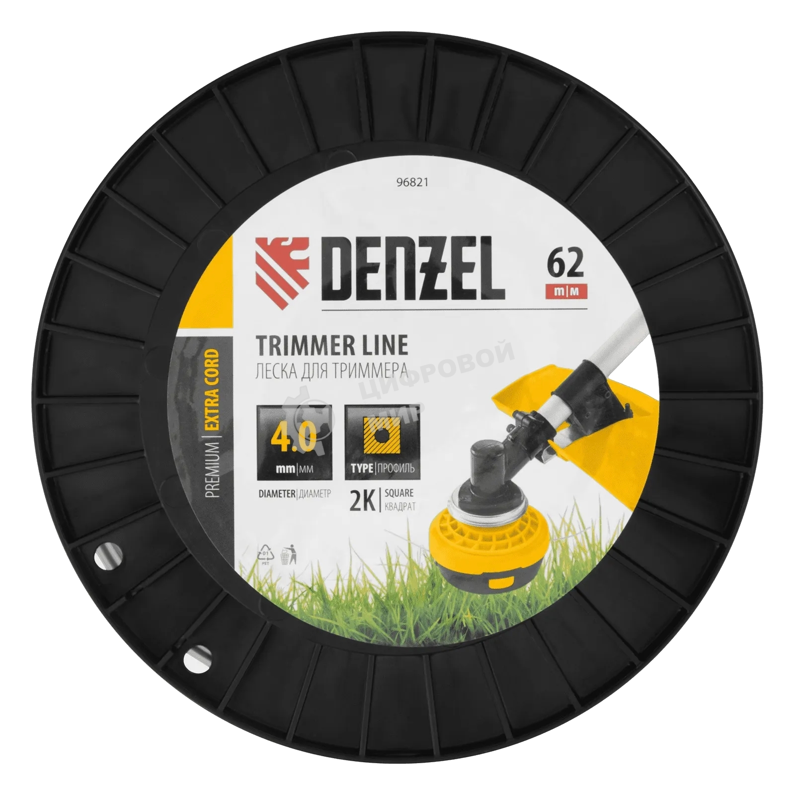 Леска для триммера Denzel двухкомпонентная квадрат, 4,0мм х 62м, на DIN катушке EXTRA CORD
