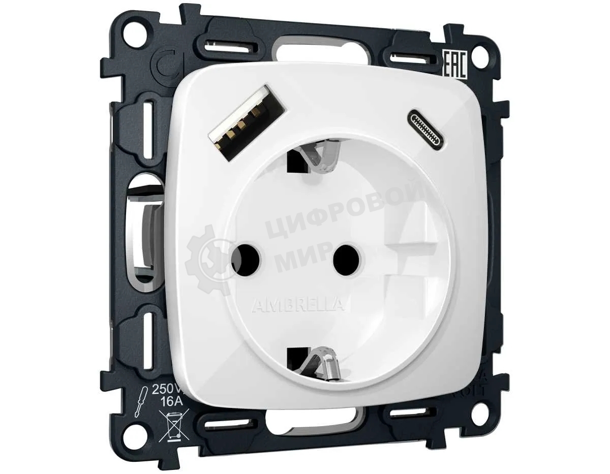 Комплект механизма электрической розетки OMEGA Белый глянец 2USB A+C 20W (быстрая зарядка) с/з QUANT (OP1100, VM160) MO110010