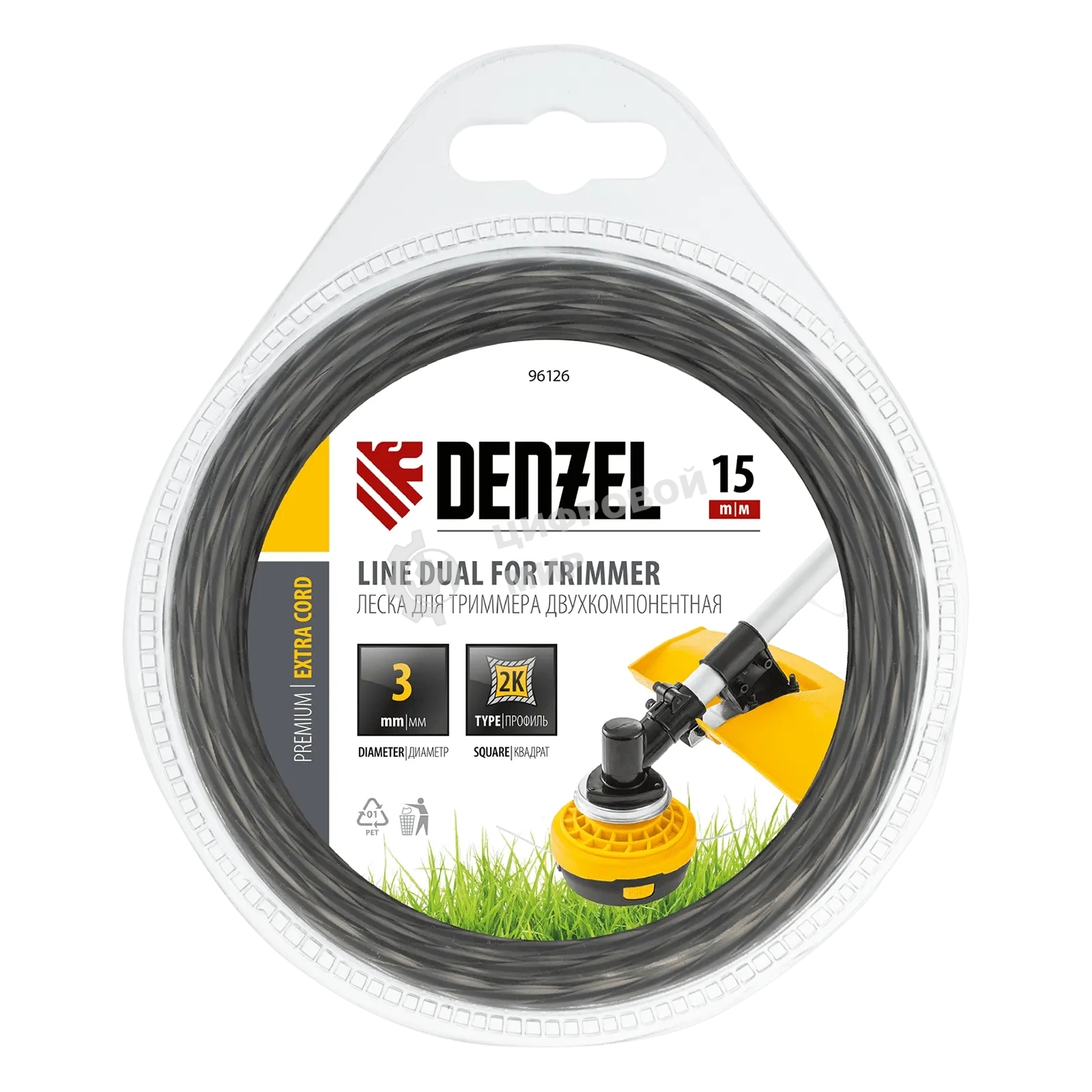 Леска для триммера Denzel Extra cord двухкомпонентная, квадрат 3,0 мм 15 м