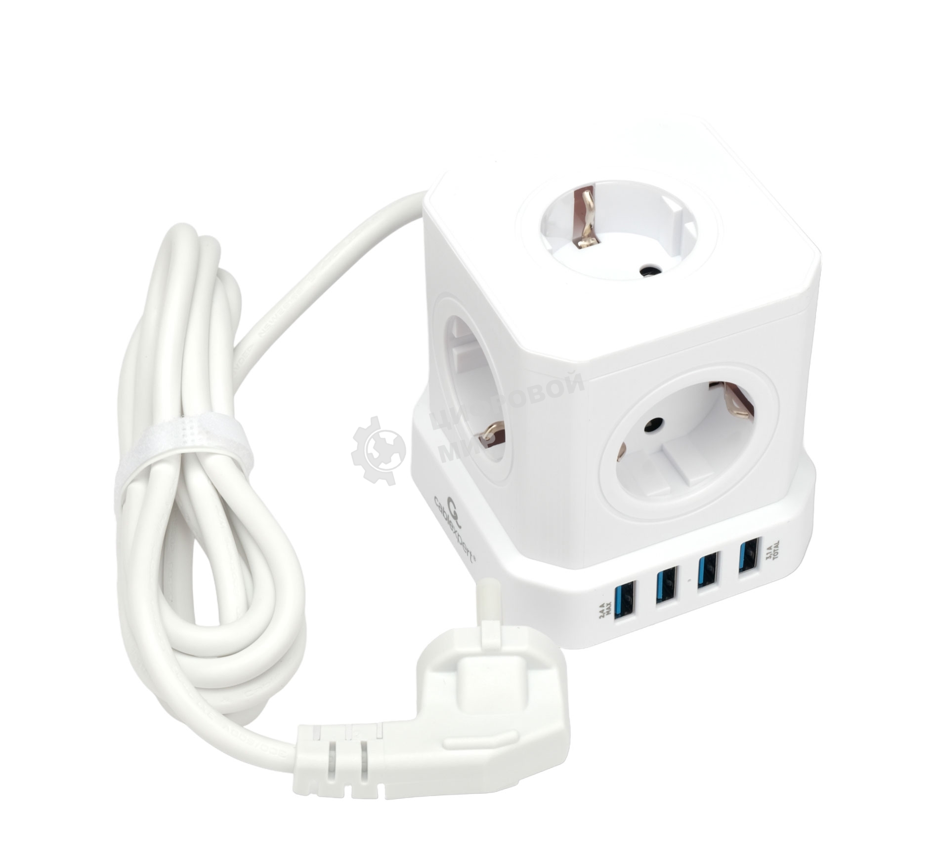 Сетевой фильтр Cablexpert Tower TWR-5-U4-W-2, 5 р, 10А, 4хUSB, 3.1А, 2 м, ур.защиты 4+, белый, коробка