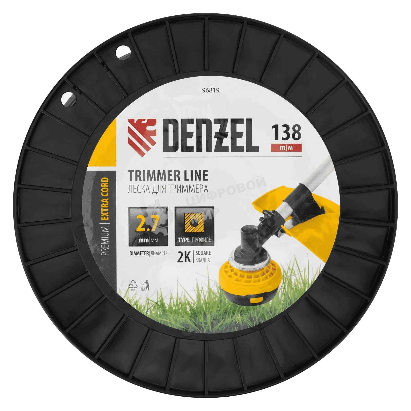 Леска для триммера Denzel двухкомпонентная квадрат, 2,7 мм х 138 м, на DIN катушке EXTRA CORD