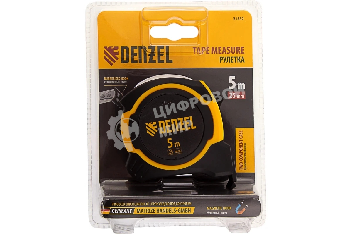 Рулетка Denzel 5м х 25мм, двухкомп. корпус, магнитный обрезиненный зацеп