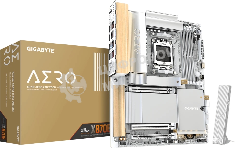 Материнская плата Gigabyte X870E AERO X3D WOOD, AM5, AMD X870E, 4xDDR5, 4xSATA, 4xM.2, 2xPCIe 5.0 x16, 1xPCIe 4.0 x16, 1xHDMI, 2x5Gb LAN, Wi-Fi 7, Bluetooth 5.4, 2xUSB-C 40Gbps (USB4), 1xUSB-C 20Gbps, 5xUSB-A 10Gbps, 3xUSB-A 5Gbps, 3x3.5 мм + S/PDIF оптический, 7.1, вставки из дерева, ATX