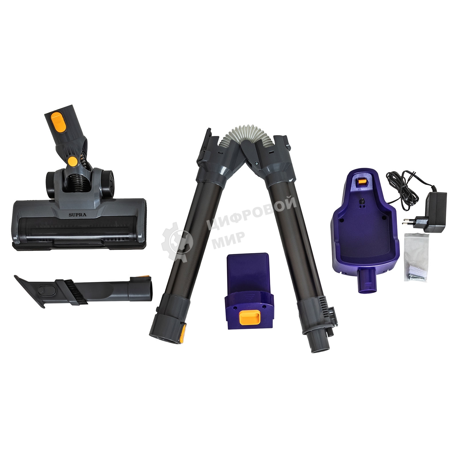 Пылесос вертикальный SUPRA VCS-5084 серый/синий, питание от аккумулятора, 350 Вт, уборка сухая, пылесборник 0.6 л, работа от АКБ max 30 мин.