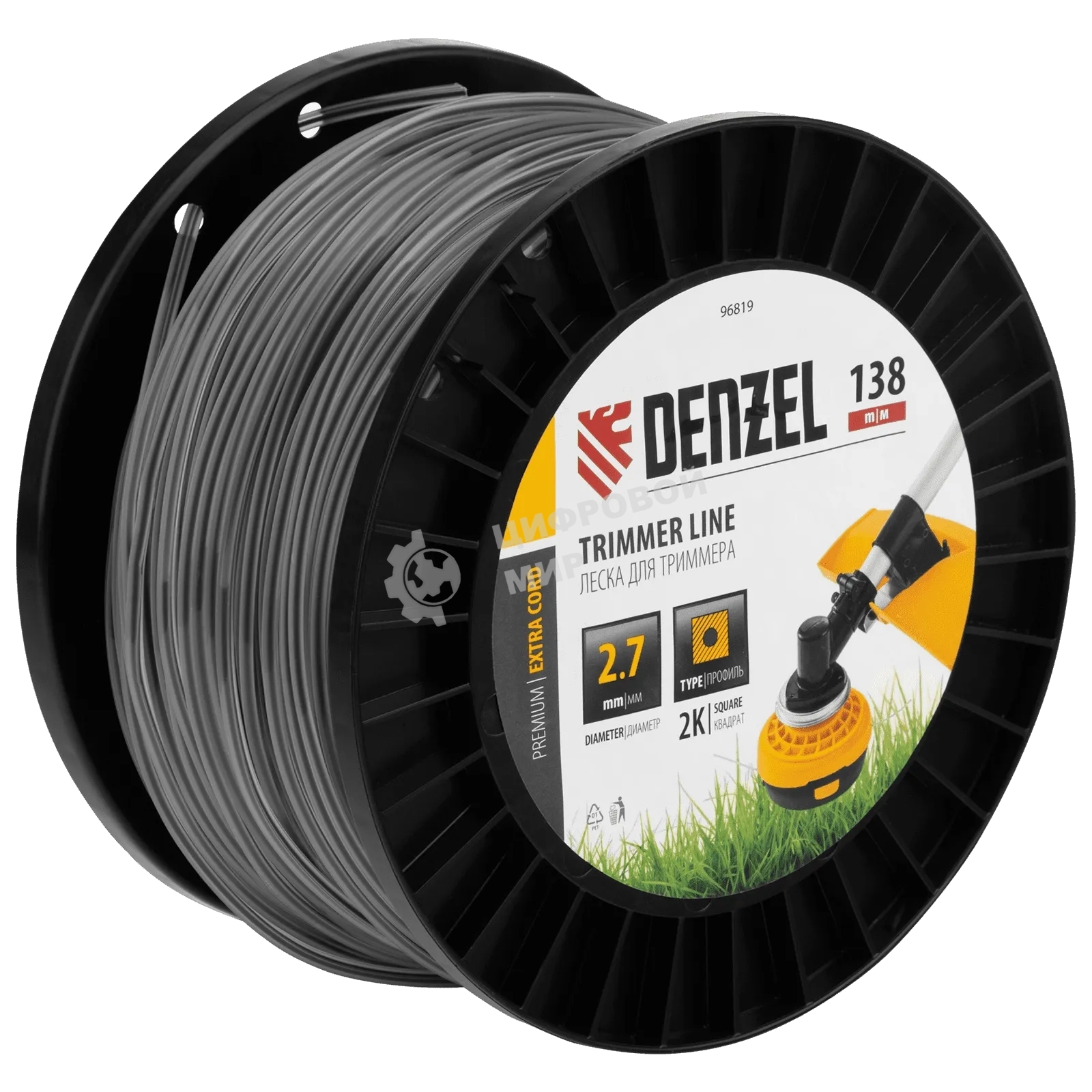 Леска для триммера Denzel двухкомпонентная квадрат, 2,7 мм х 138 м, на DIN катушке EXTRA CORD