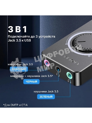 Внешняя звуковая карта Vention USB c регулятором громкости Черная