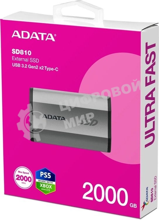 Внешний SSD ADATA SD810, 2TB, USB 3.2 Gen 2x2 Type-C, R/W 2000/2000, серебристый