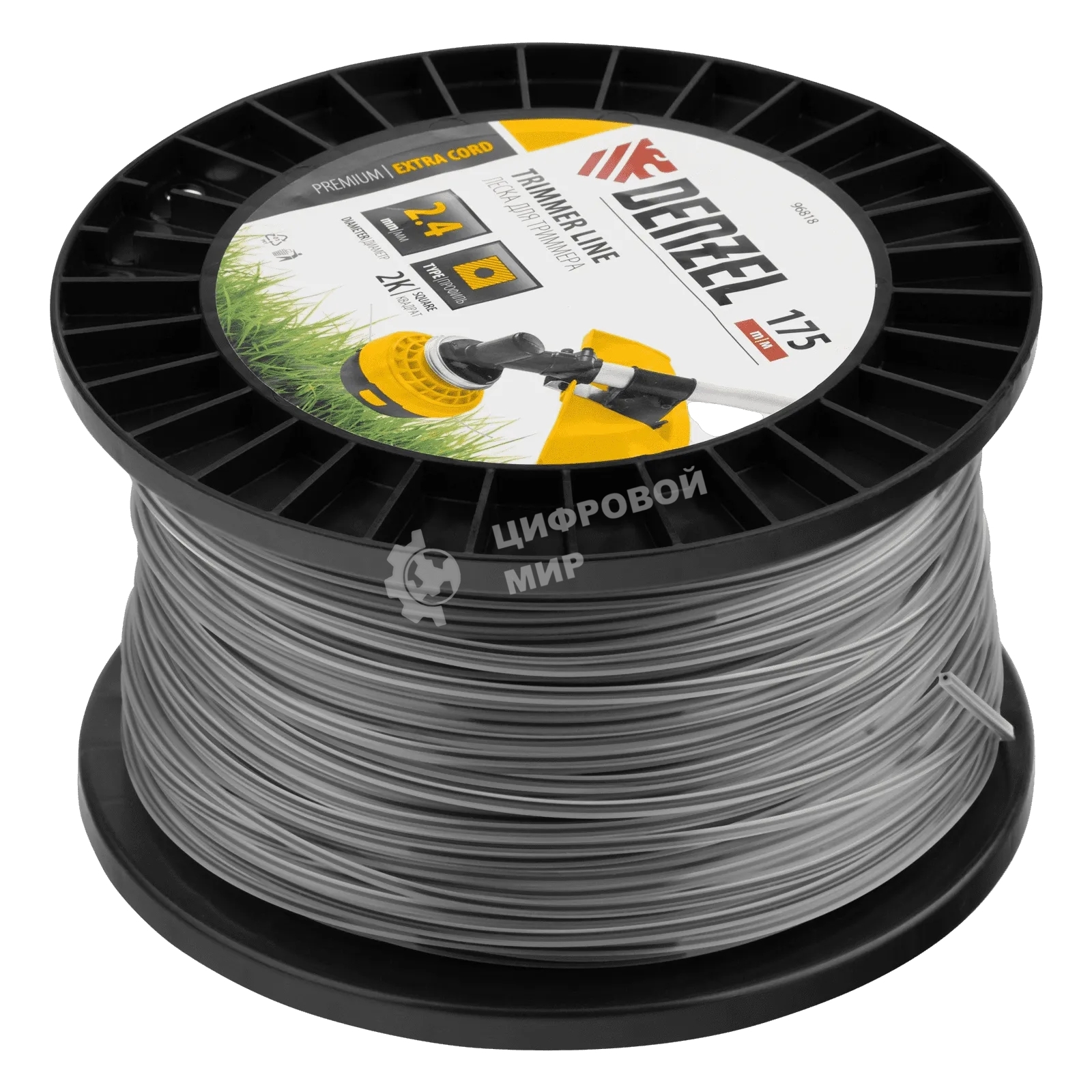 Леска для триммера Denzel двухкомпонентная квадрат, 2,4 мм х 175 м, на DIN катушке EXTRA CORD