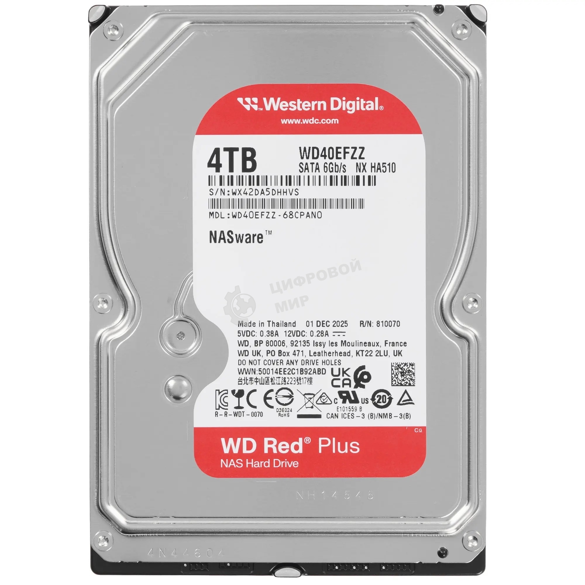 Жесткий диск HDD WD SATA3 4Tb NAS Red Plus 5400 128Mb 1 year warranty (replacement WD40EFZX, WD40EFAX)