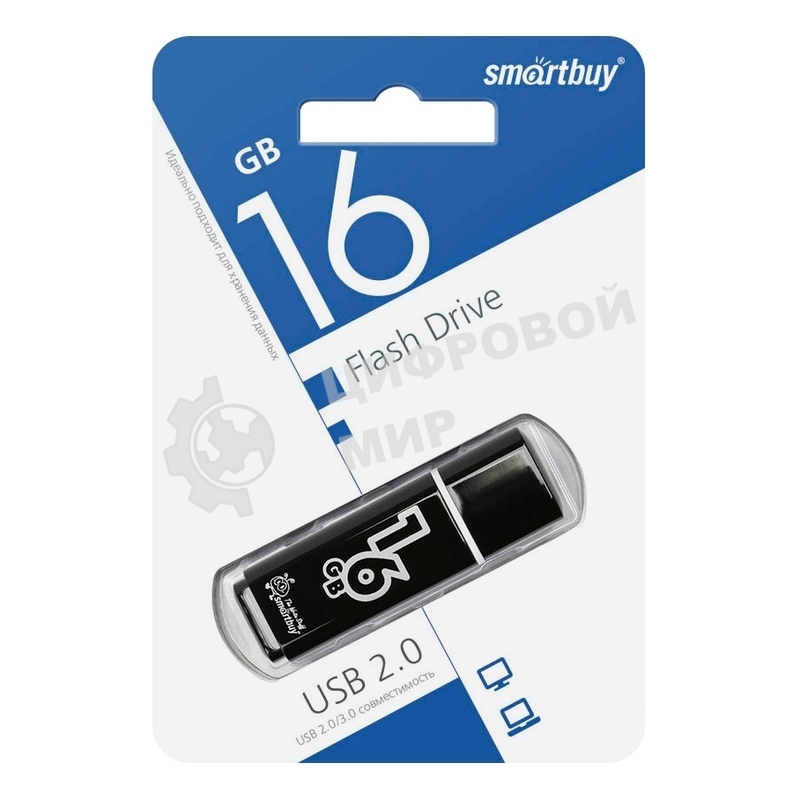 Флешка USB Smartbuy Glossy series black (SB16GbGS-K), 16Gb, USB 2.0, R/W 25/15, черный