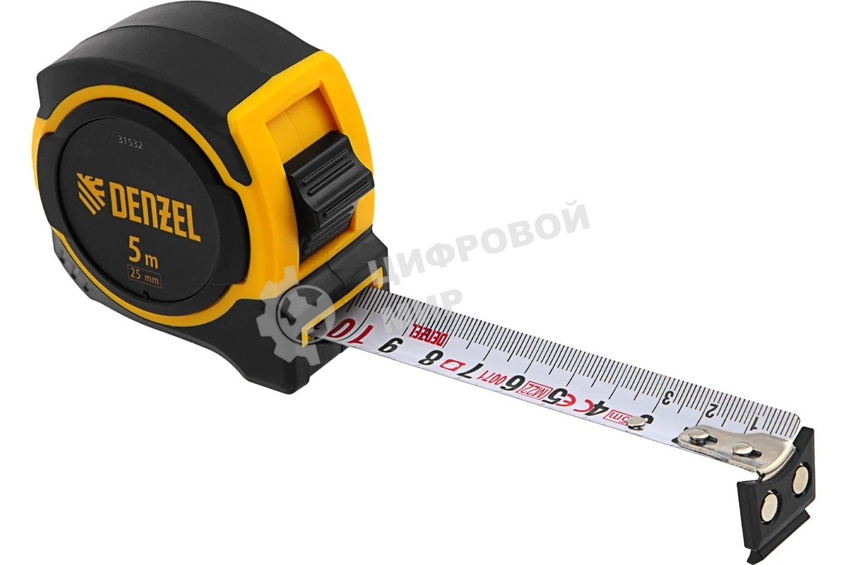 Рулетка Denzel 5м х 25мм, двухкомп. корпус, магнитный обрезиненный зацеп