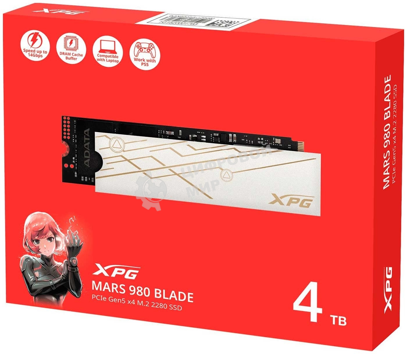 Накопитель SSD ADATA XPG MARS 980 BLADE, 4Tb, PCIe 5.0 x4, M.2 2280, NVMe, R/W 14000/13000 3D-NAND