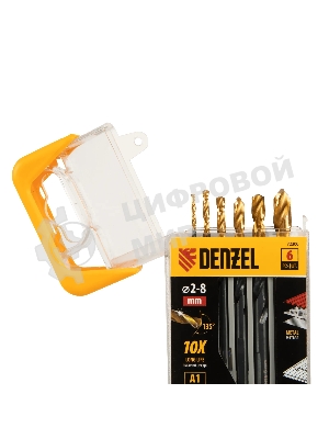 Набор сверл по металлу Denzel 2-3-4-5-6-8 мм, HSS-Tin, Golden Tip, 6 шт