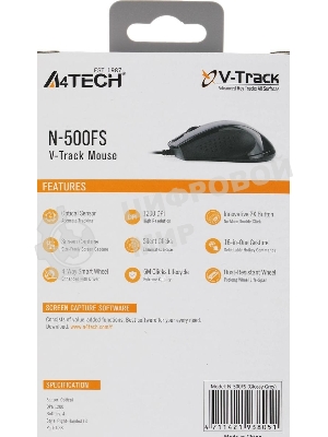 Мышь проводная A4Tech N-500FS черный, 1200 dpi, USB, кнопки - 4