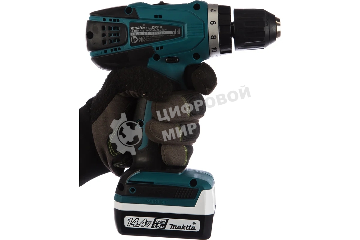 Дрель-шуруповерт Makita DF347DWE Дрель ак, 14.4В,2х1.5Ач Li-ion,БЗП-10мм,0-400\0-1400об\м,30\15Нм,1.4кг,чем,G-серия