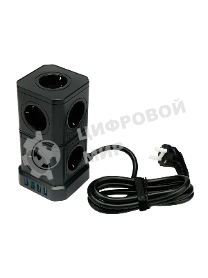 Сетевой фильтр Cablexpert Tower TWR-9-U4-B-2, 9 р, 16А, 4хUSB, 3.1А, 2 м, ур.защиты 4+, черный, коробка