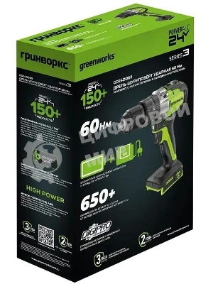 Дрель-шуруповерт GREENWORKS GD24DD60, 24 В, 0 Ач, 60 Нм, бесщеточный, ударный