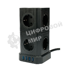Сетевой фильтр Cablexpert Tower TWR-9-U4-B-2, 9 р, 16А, 4хUSB, 3.1А, 2 м, ур.защиты 4+, черный, коробка