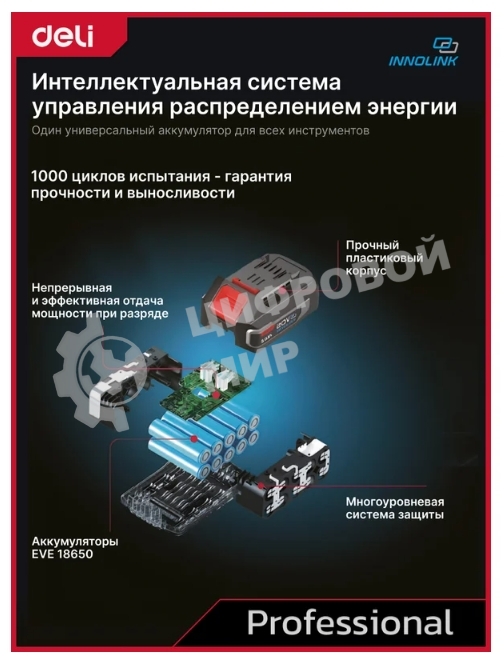 Дрель-шуруповерт Deli DE-CZ20-1, Аккумуляторная, 20В, Без АКБ и ЗУ, Ударная