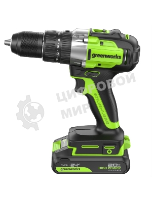 Дрель-шуруповерт аккумуляторная Greenworks GD24DD60 ударная аккумуляторная, 24V, бесщеточная, 30/60Нм,2х2Ач,ЗУ,кор 3704107CUC