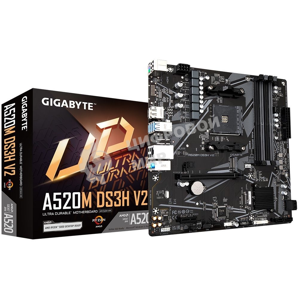 Материнская плата Gigabyte A520M DS3H V2 (V1.1), AM4, AMD A520, 4xDDR4, 4xSATA, 1xM.2, 1xPCIe 3.0 x16, 1xDP, 1xHDMI, 1x 1Gb LAN, 4xUSB 2.0, 4xUSB 3.2 Gen 1, 3x3.5 мм, 7.1, mATX
