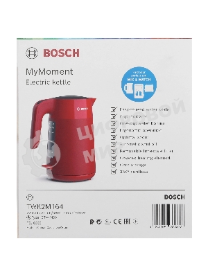 Электрочайник Bosch TWK2M164 красный, 1.7 л, 2400 Вт, скрытый нагревательный элемент