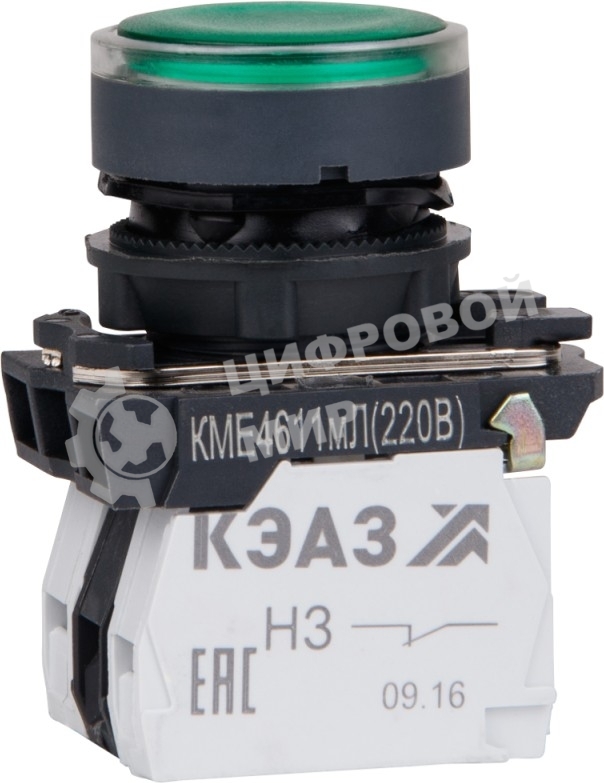 Кнопка КМЕ4611мЛ-24В-зеленый-1но+1нз-цилиндр-индикатор-IP65-КЭАЗ