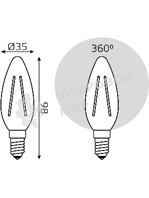 Лампа светодиодная филаментная Gauss Filament 12Вт цок.:E14 свеча св.свеч.бел.теп. (упак.:10шт)