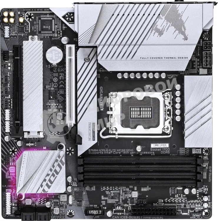 Материнская плата Gigabyte B760M AORUS ELITE WIFI6E GEN5, LGA1700, Intel B760, 4xDDR5, 4xSATA, 2xM.2 PCIe 4.0, 1xPCIe 5.0 x16, 1xPCIe 4.0 x4, 1xHDMI, 1xDisplayPort, 1x 2.5Gb LAN, 1xUSB 3.2 Gen2x2 Type-C, 1xUSB 3.2 Gen2 Type-A, 3xUSB 3.2 Gen1, 4xUSB 2.0, 2x3.5 мм, 7.1, microATX