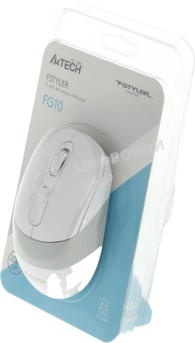 Мышь беспроводная A4Tech Fstyler FG10 белый/серый, 2000 dpi, радиоканал, USB, кнопки - 4