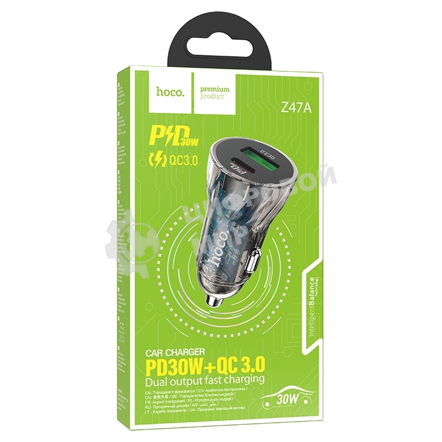 Автомобильная зарядка HOCO Z47A прозрачный 1xUSB-1xUSB-C, 3А PD30W QC3.0, черный