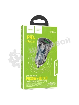 Автомобильная зарядка HOCO Z47A прозрачный 1xUSB-1xUSB-C, 3А PD30W QC3.0, черный