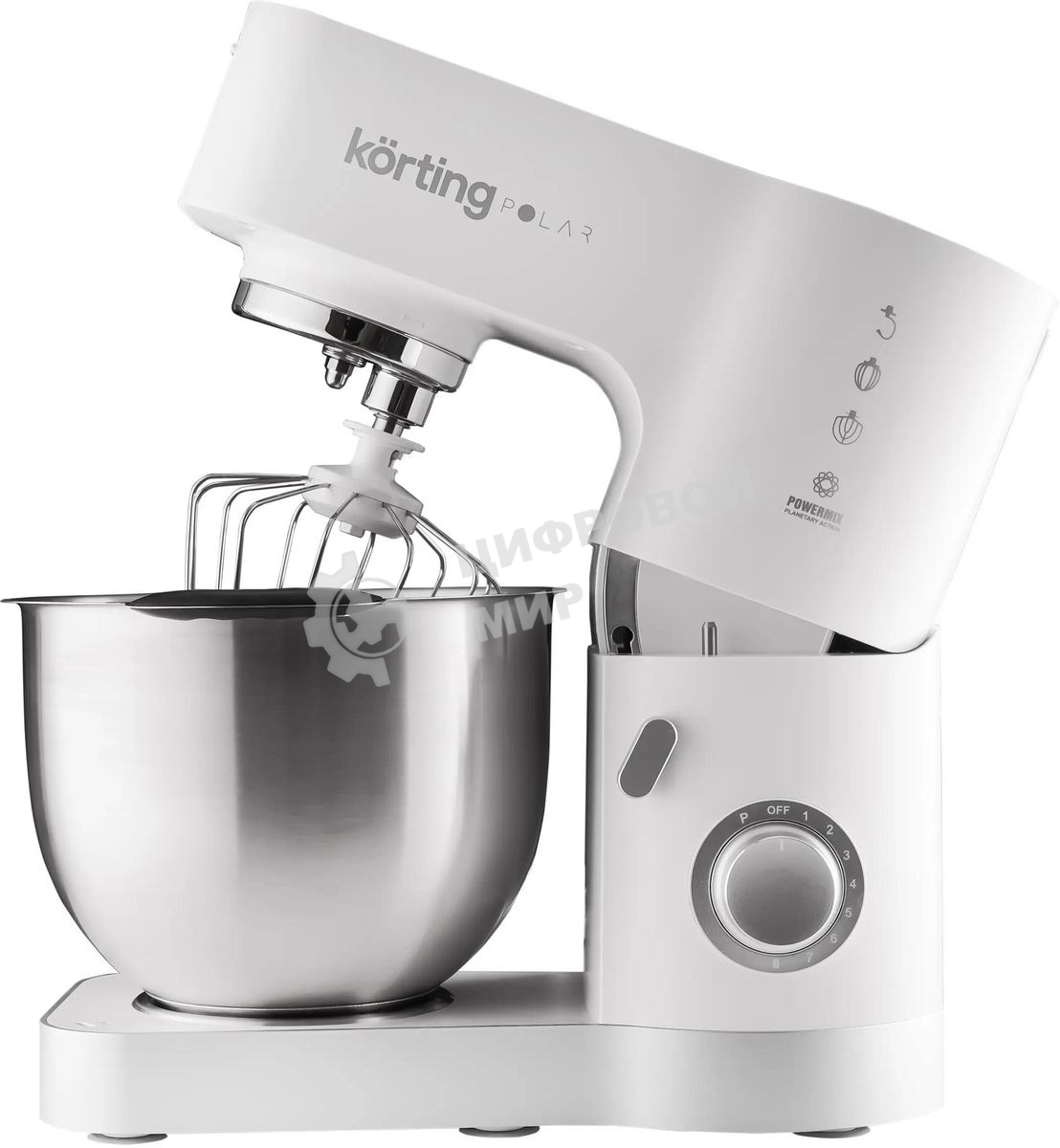 Кухонная машина Korting KKM 0105 Polar мощность 1200 Вт, 7 насадок (планетарный миксер с 3-мя насадками, мясорубка, насадка для колбас, насадка для кеббе, насадка-блендер), объем чаши 5.5 л, 8 скоростей, импульсный режим, механическое управление, белый