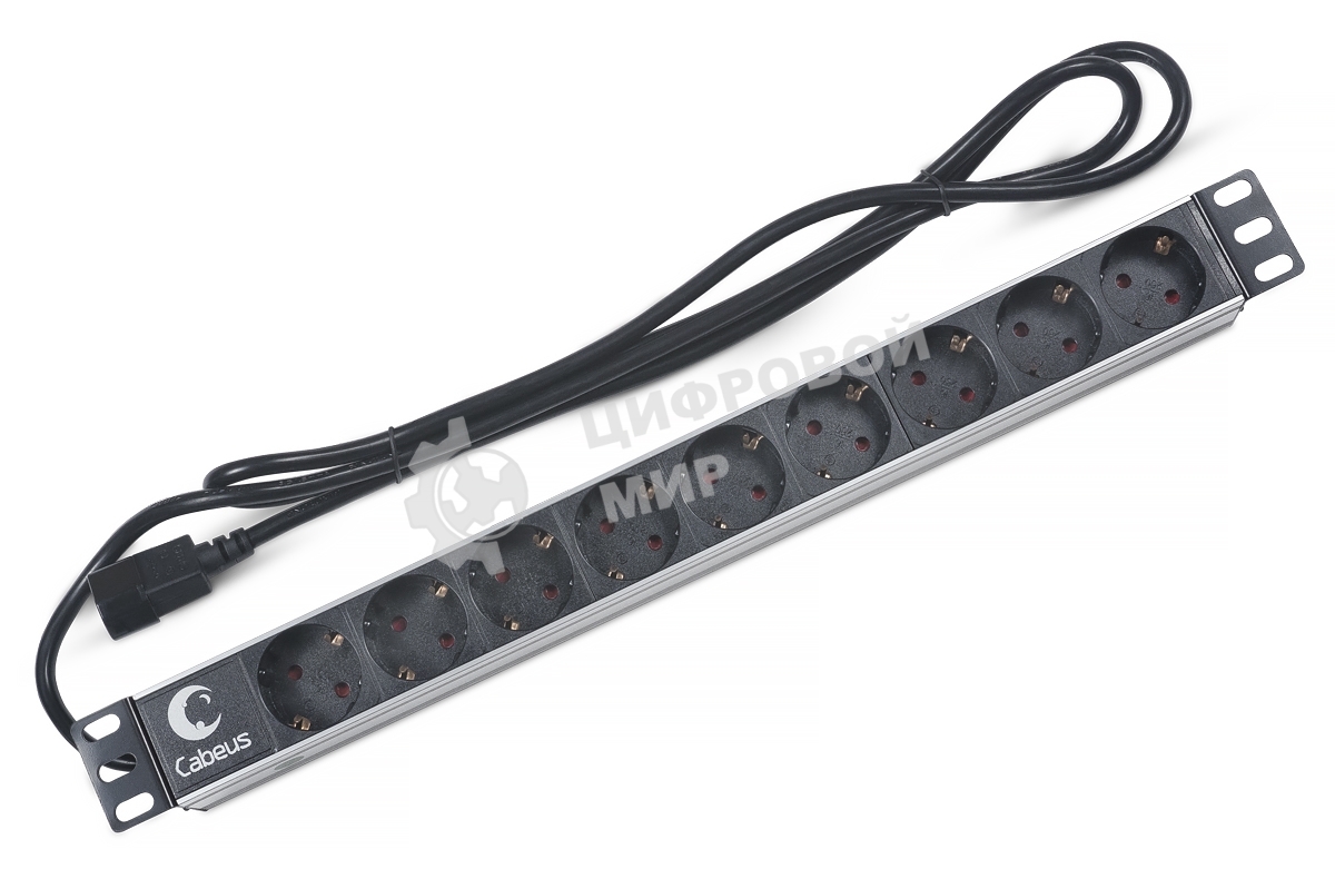 Блок силовых розеток Cabeus PDU-9P-2IEC Shuko х 9, вход IEC 320 C14, для шкафов, шнур 2 м, 50х490х50 мм (ВхШхГ), 10А, черный