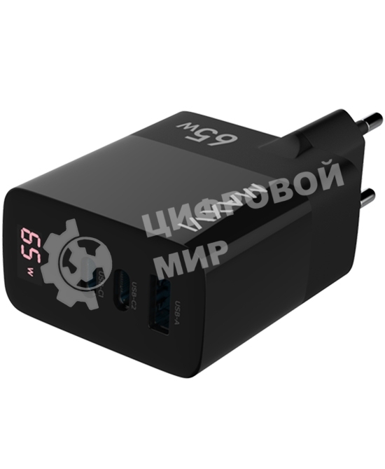Сетевое зарядное устройство Maxvi A583GN Type-C 65W + Type-C 40W + USB 22W, GAN, PD, QC, LED дисплей, черный