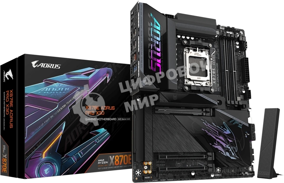 Материнская плата Gigabyte X870E AORUS PRO X3D, AM5, AMD X870E, 4xDDR5, 4xSATA, 4xM.2, 1xPCIe 5.0 x16, 1xPCIe 4.0 x16, 1xPCIe 3.0 x16, 1xHDMI, 1x5Gb LAN, Wi-Fi 7, Bluetooth 5.4, 2xUSB-C 40Gbps (USB4), 2xUSB-C 10Gbps, 5xUSB-A 10Gbps, 3xUSB-A 5Gbps, 3x3.5 мм + S/PDIF оптический, 7.1, чёрный, ATX