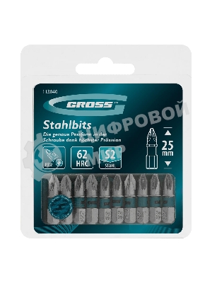 Бита Gross PZ2х25мм, сталь S2, шестигр., 10 шт.