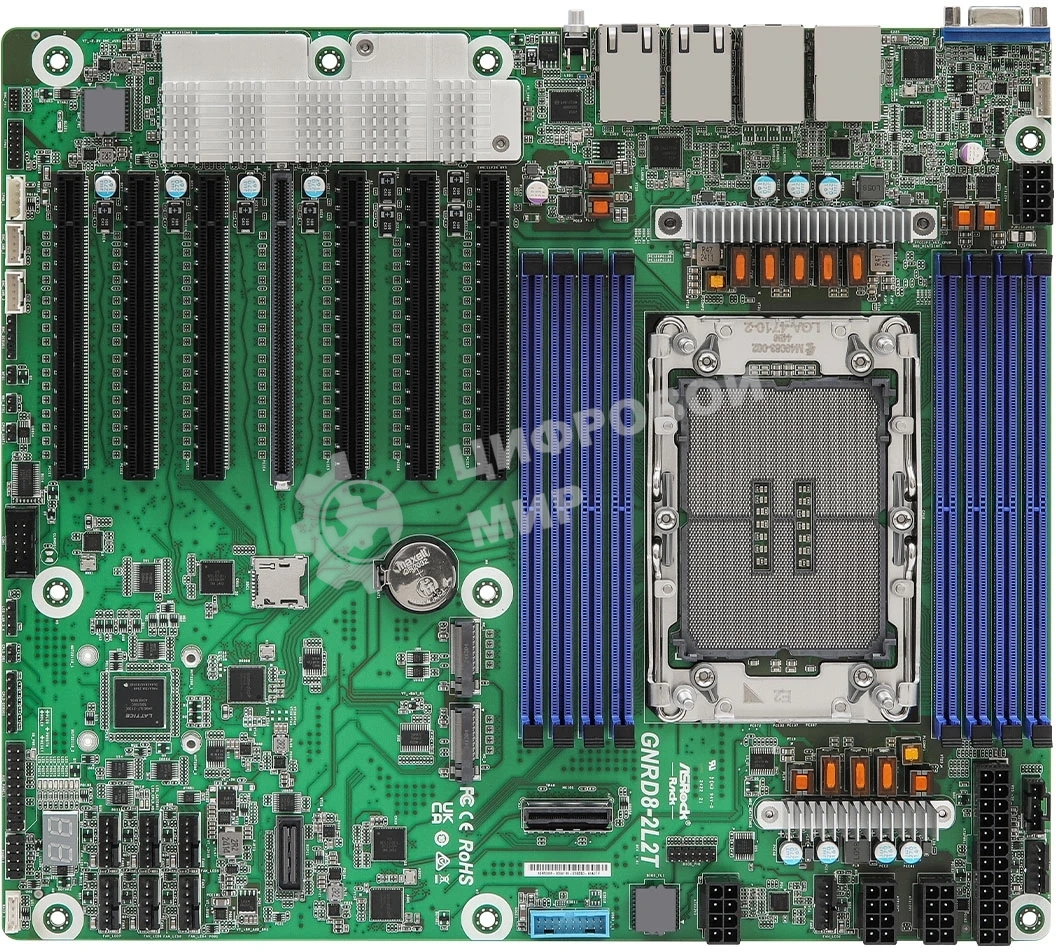Серверная материнская плата ASRock GNRD8-2L2T, 1xE2 (LGA 4710), встроен в процессор, 8xDDR5, 0xSATA, 2xM.2, 7xPCIe 5.0 x16, 1xVGA, 2x1Gb LAN, 2x10Gb LAN, IPMI, 2xUSB-A 5Gbps, SSI CEB