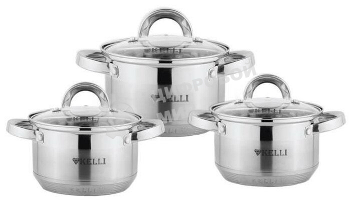 Набор посуды из нержавеющей стали со стеклянными крышками Kelli KL-4246 6 пред. 16 см -2,1; 18- см-2,9; 20 см-3,9 литра. 7-ми слойное капсульное дно. Индукция