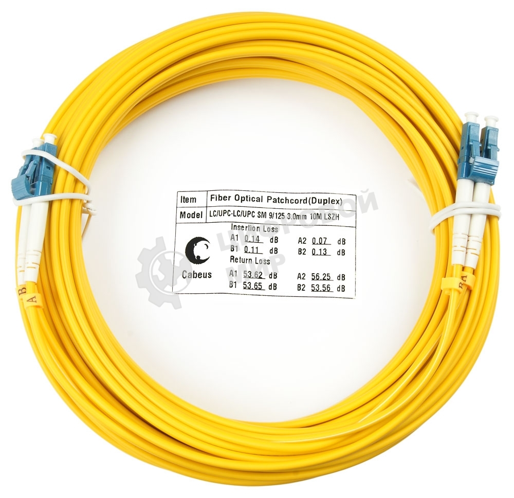 Патч-корд оптический Cabeus Tight Buffer, Duplex LC/LC, OS2 9/125, LSZH, 25м, Ø 3мм, синий хвостовик, жёлтый