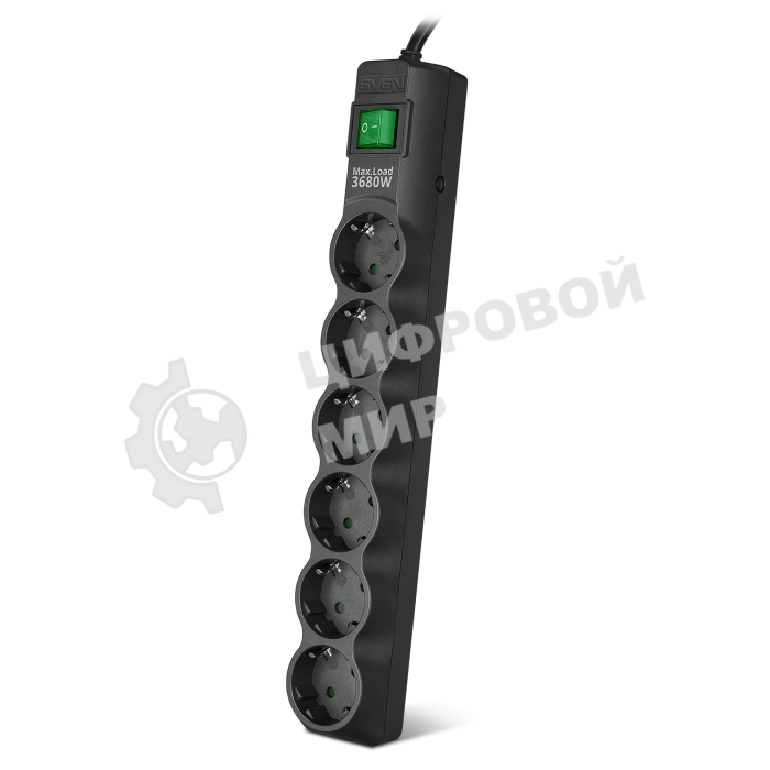 Сетевой фильтр SVEN SF-06E-16 3,0 м (6 розеток с защитными шторками,16А) черный, цветная коробка