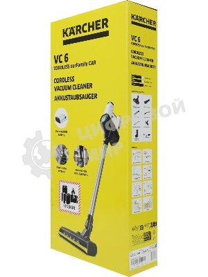 Пылесос вертикальный/ручной Karcher VC 6 Cordless ourFamily Car черный/белый, питание от аккумулятора, 250 Вт, уборка сухая, пылесборник 0.8 л, работа от АКБ max 50 мин